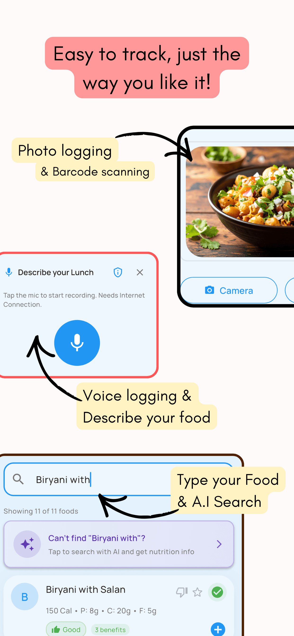 Three ways to log food in GoodMyFood: photo logging with barcode scanning, voice logging by describing a meal, and typing a food name with AI search