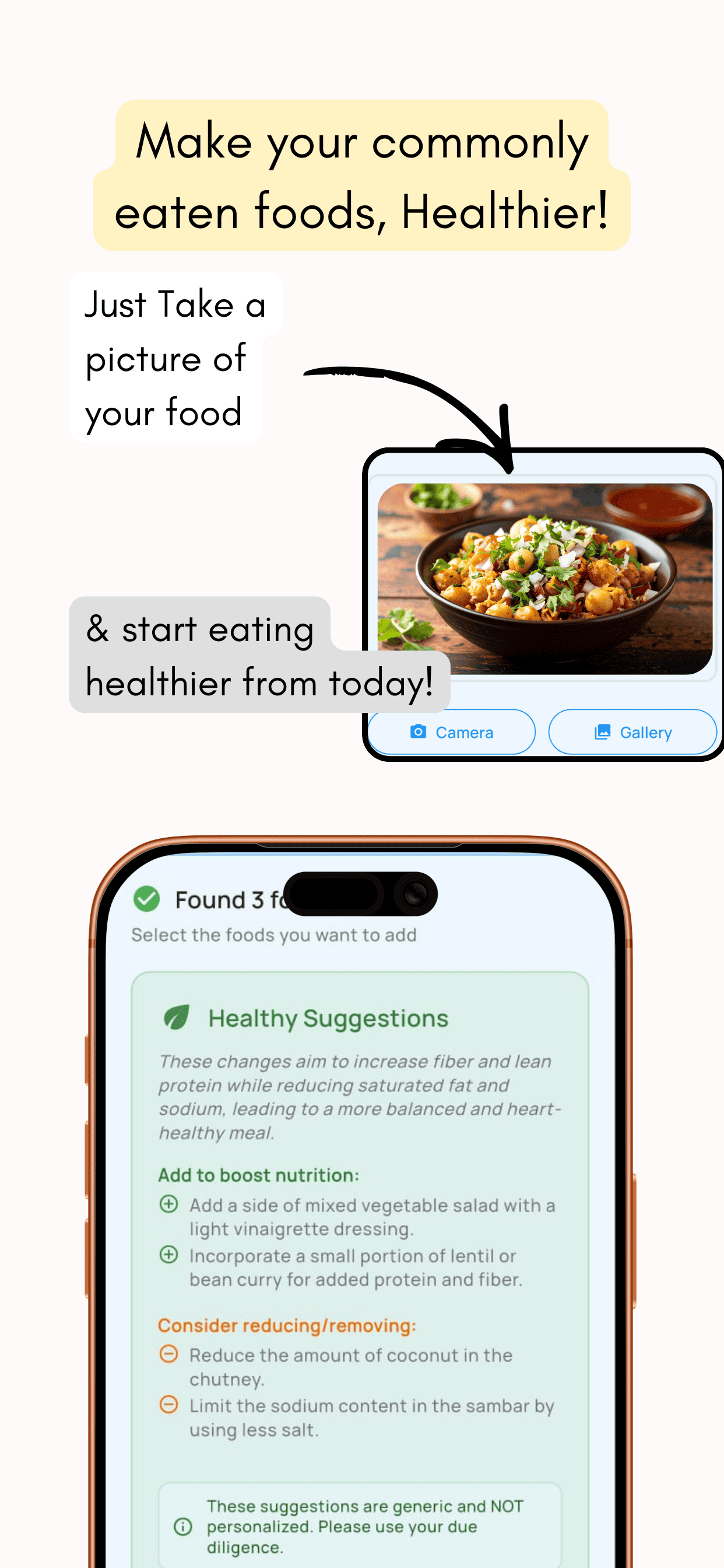GoodMyFood analysing a photo of a bowl of spiced chickpeas and suggesting healthier tweaks: foods to add for fiber and protein, and ingredients to reduce such as coconut and sodium