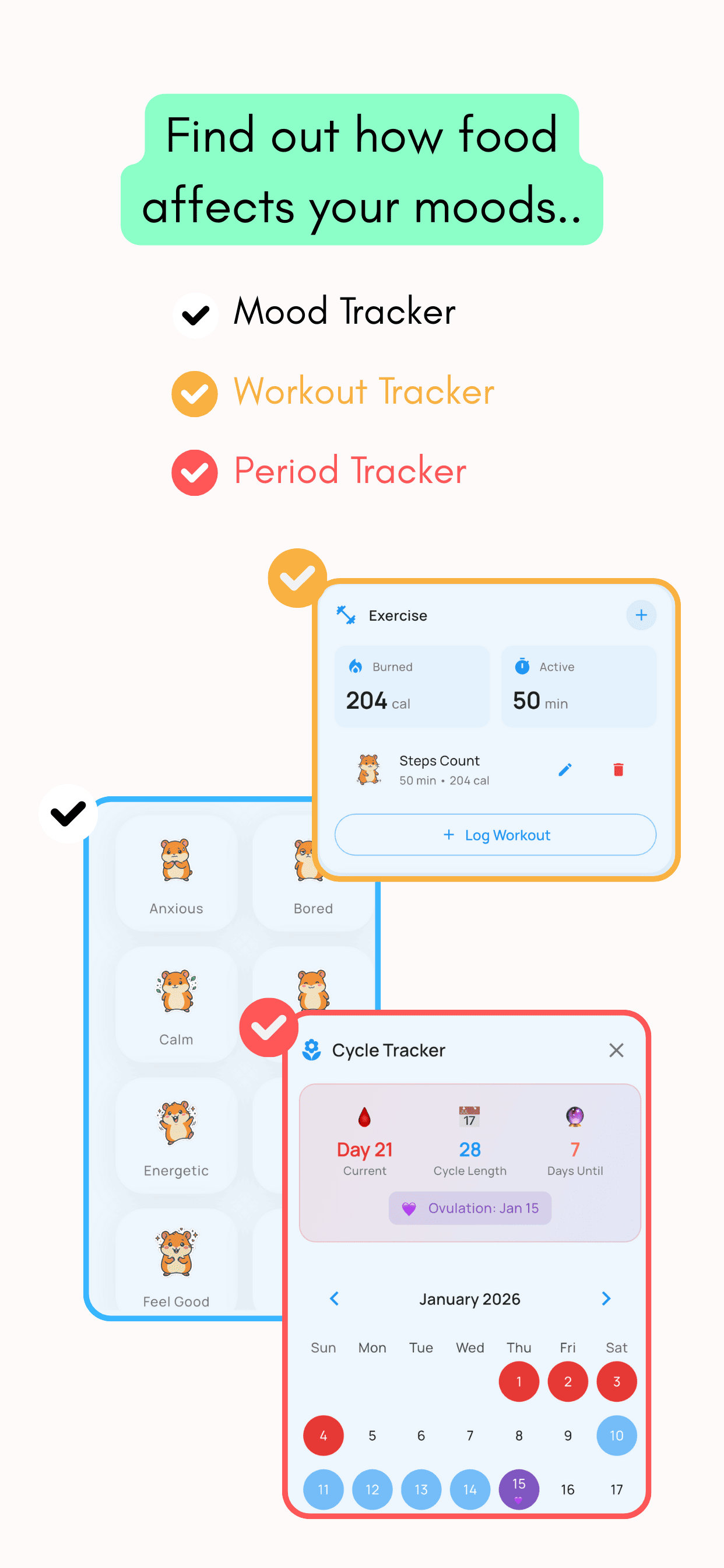 GoodMyFood mood tracker, workout tracker and period cycle tracker screens, with calories burned, active minutes and a monthly calendar showing the ovulation date