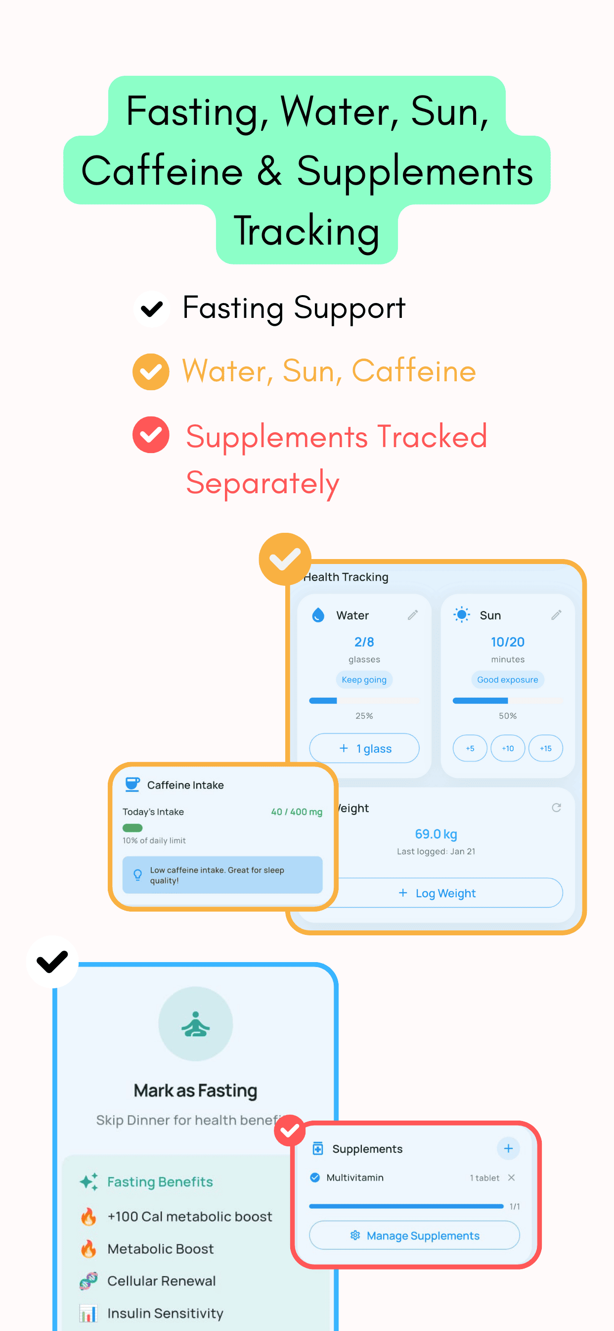 GoodMyFood tracking screens for water, sun exposure, caffeine intake and supplements, plus a fasting mode that lists fasting benefits